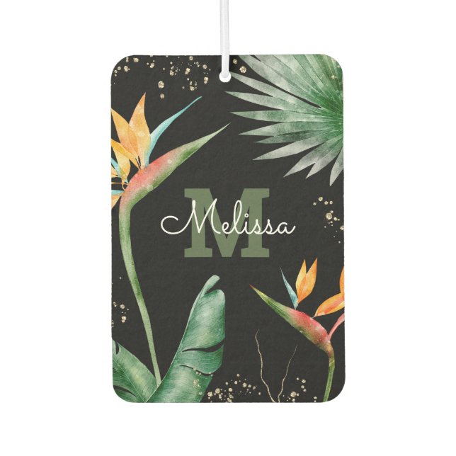 Monogram Tropical Palm Foliage Gold Black Script Autolufterfrischer (Vorderseite)