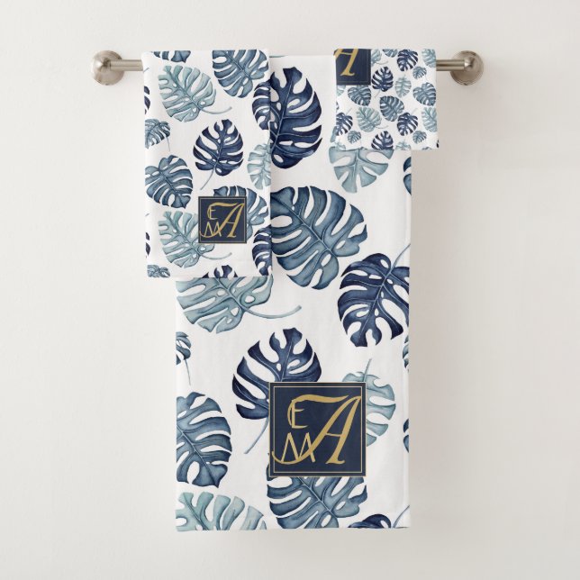 Monogram Tropical Palm Navy Blue Gold Hochzeit Badhandtuch Set (Insitu)