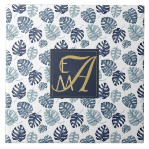 Monogram Tropical Palm Navy Blue Gold Hochzeit Fliese