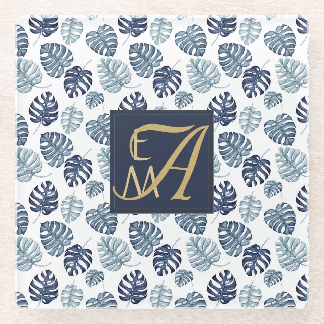 Monogram Tropical Palm Navy Blue Gold Hochzeit Glasuntersetzer (Vorderseite)