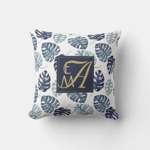 Monogram Tropical Palm Navy Blue Gold Hochzeit Kissen