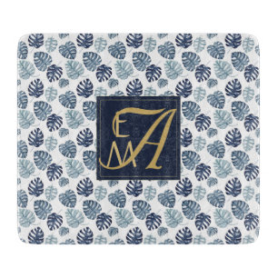 Monogram Tropical Palm Navy Blue Gold Hochzeit Schneidebrett