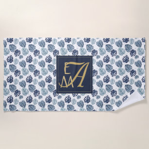 Monogram Tropical Palm Navy Blue Gold Hochzeit Strandtuch