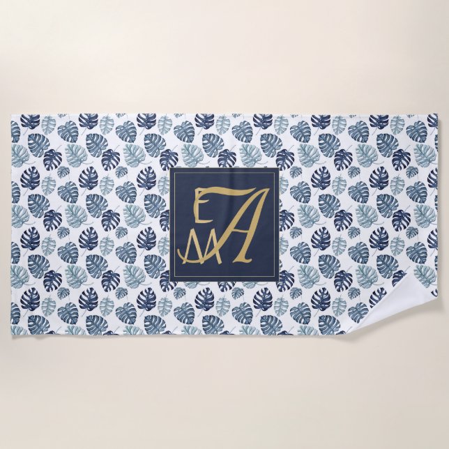 Monogram Tropical Palm Navy Blue Gold Hochzeit Strandtuch (Vorderseite)