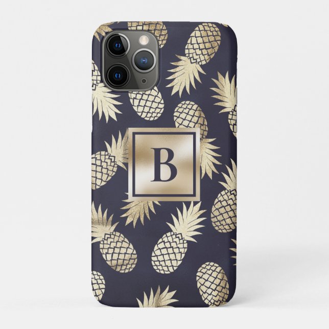 Monogram Tropical Pineapple Girly Gold Navy Case-Mate iPhone Hülle (Rückseite)