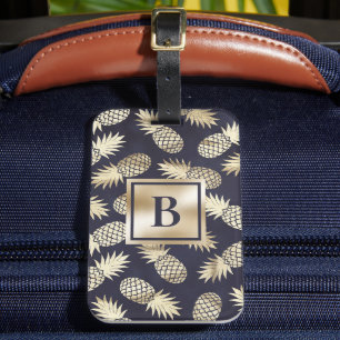 Monogram Tropical Pineapple Girly Gold Navy Gepäckanhänger
