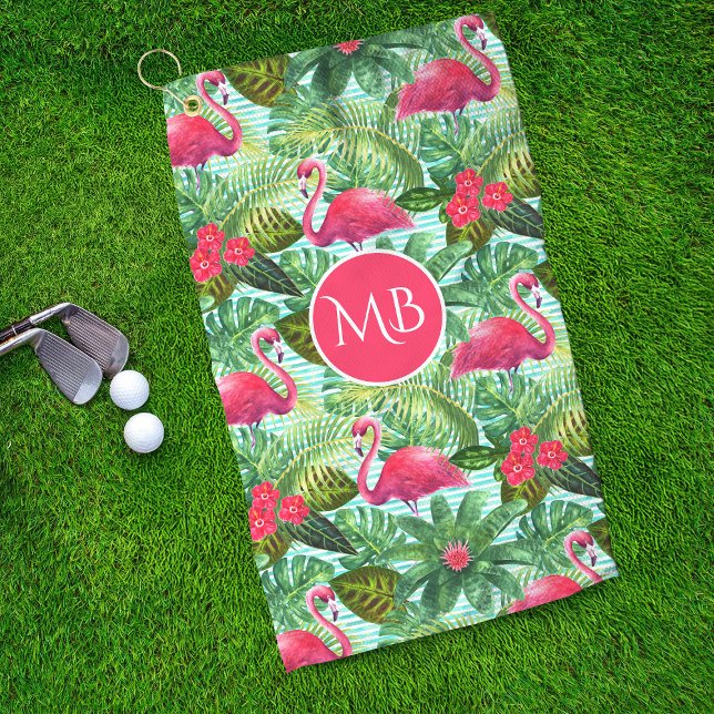 Monogram Tropical Pink Flamingo Floral Girly Golfhandtuch (Von Creator hochgeladen)