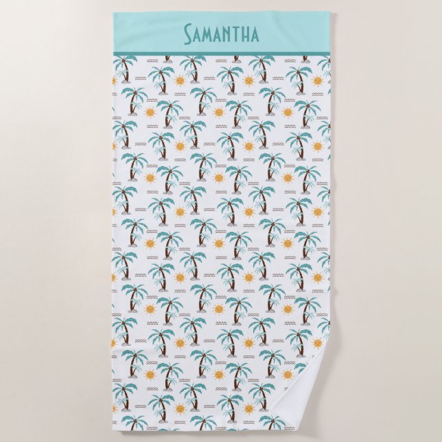 Monogram Tropical Summer Palm Trees Sunshine Aquam Strandtuch (Vorderseite)