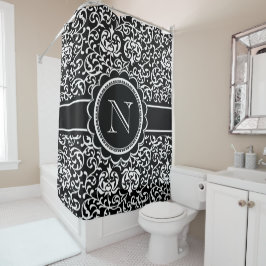 Monogram Tudor Garden Damask Elegantes Schwarz-wei Duschvorhang