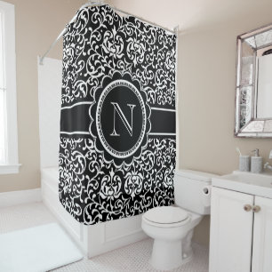 Monogram Tudor Garden Damask Elegantes Schwarz-wei Duschvorhang