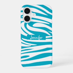 Monogram Türkis Gestreiftes Zebra-Muster Trendig iPhone 16 Hülle