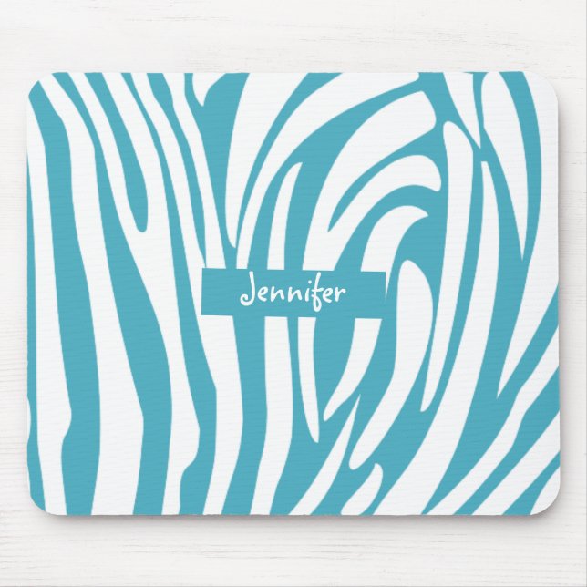 Monogram Türkis Gestreiftes Zebra-Muster Trendig Mousepad (Vorne)