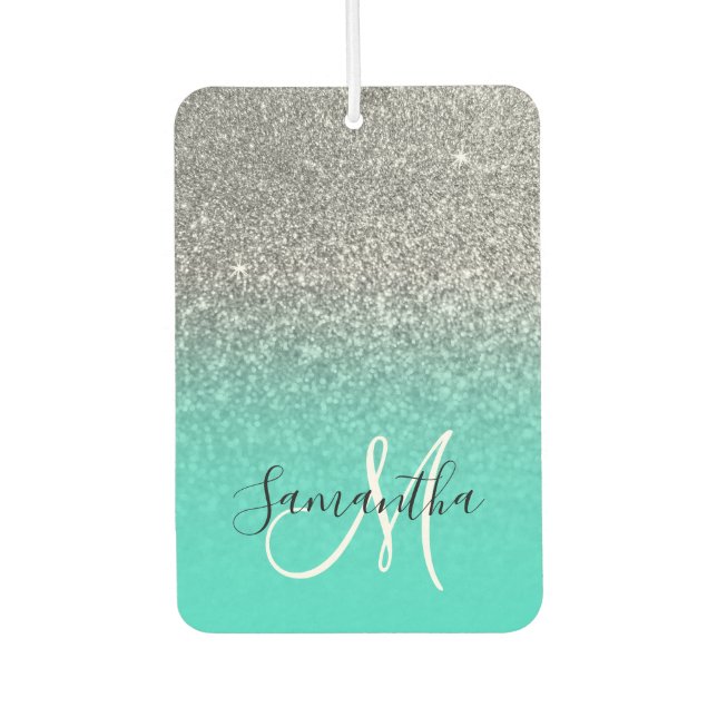 Monogram Turquoise and Silver Ombre Glitzer Foto Autolufterfrischer (Vorderseite)