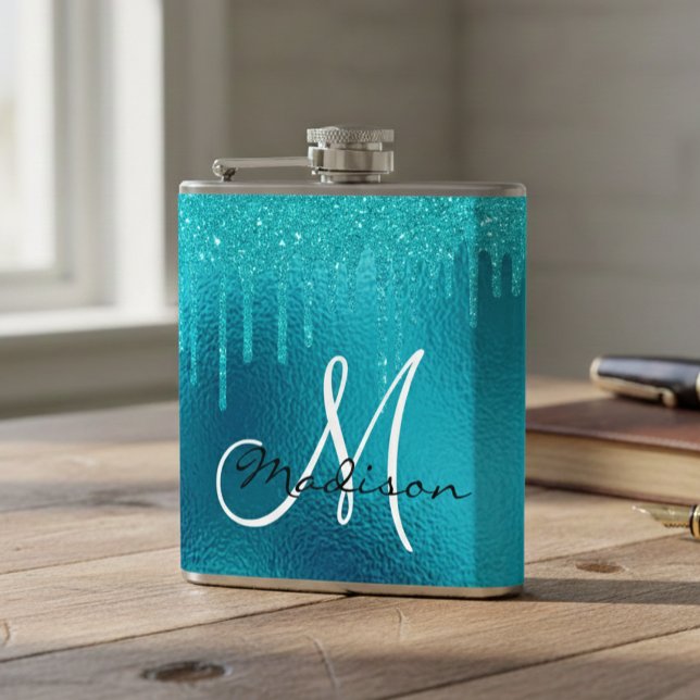 Monogram Turquoise Blue Glitzer Tropfen Girly Flachmann (Von Creator hochgeladen)