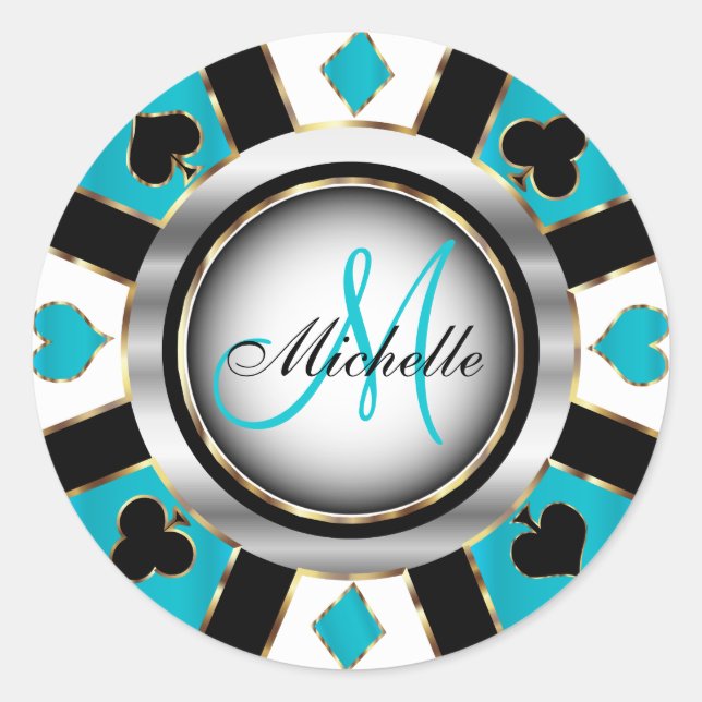 Monogram Turquoise Casino Poker Chip Design Runder Aufkleber (Vorderseite)