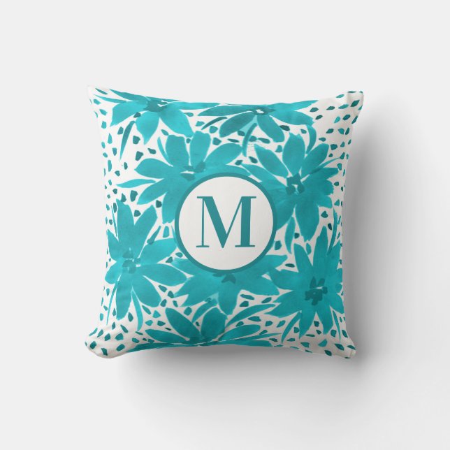 Monogram Turquoise Daisy Watercolor Bouquet Kissen (Vorderseite)
