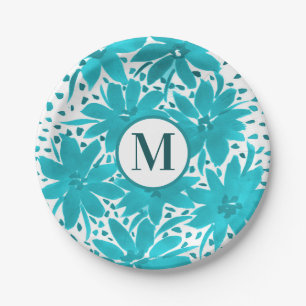 Monogram Turquoise Daisy Watercolor Bouquet Pappteller