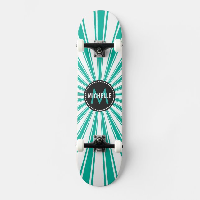 Monogram Turquoise Funky Sun Rays Muster Skateboard (Vorderseite)