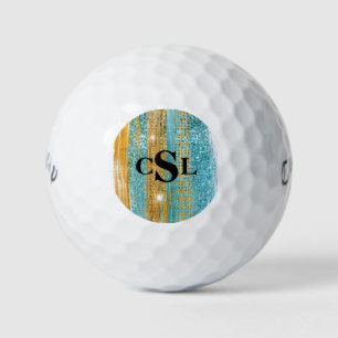 Monogram Turquoise Gold Glitzer Elegante Chic Girl Golfball