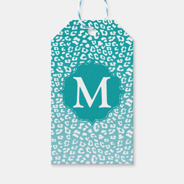Monogram Turquoise Leopard Print Geschenkanhänger (Vorderseite)