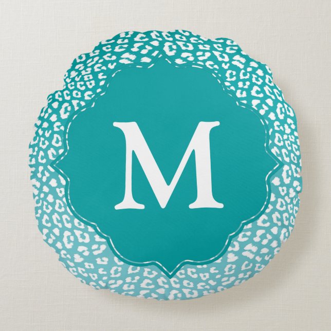 Monogram Turquoise Leopard Print Rundes Kissen (Vorderseite)