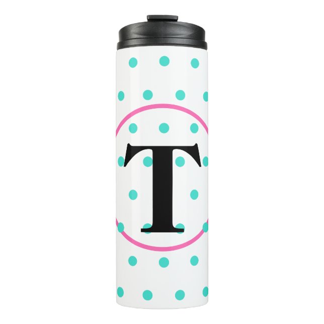 Monogram Turquoise Polka Dots Thermosbecher (Vorderseite)