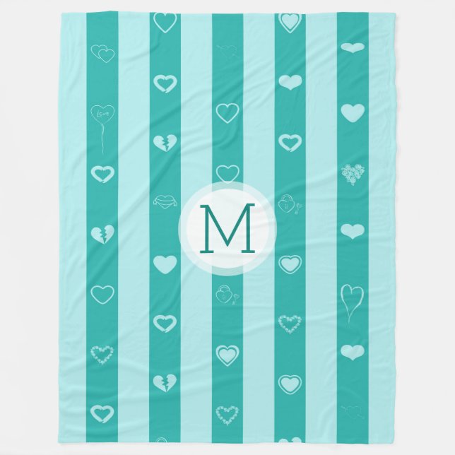 Monogram Turquoise Streifen Modernes Herzmuster Fleecedecke (Vorderseite)