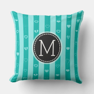 Monogram Turquoise Streifen Modernes Herzmuster Kissen