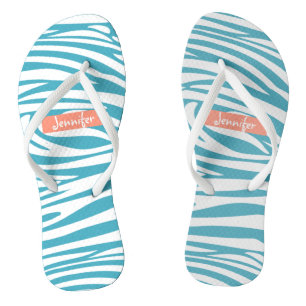 Monogram Turquoise Striped Zebra Muster Trendy Flip Flops