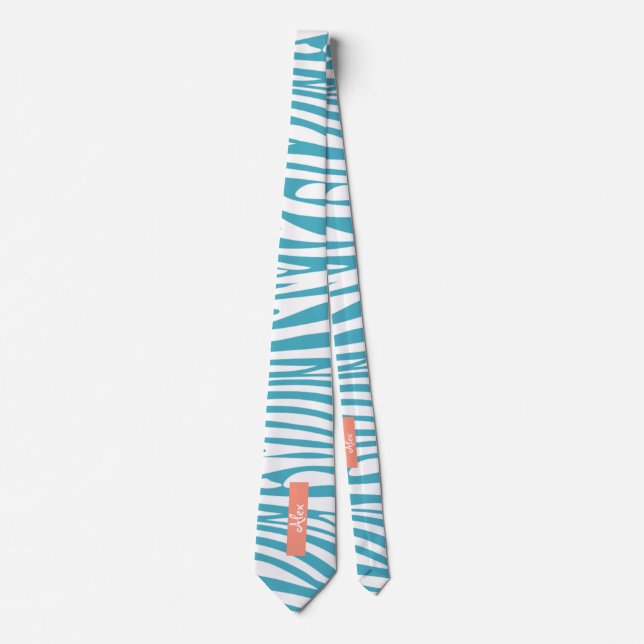 Monogram Turquoise Striped Zebra Muster Trendy Krawatte (Vorderseite)