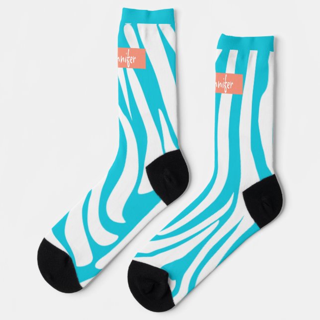 Monogram Turquoise Striped Zebra Muster Trendy Socken (Linkes Detail)