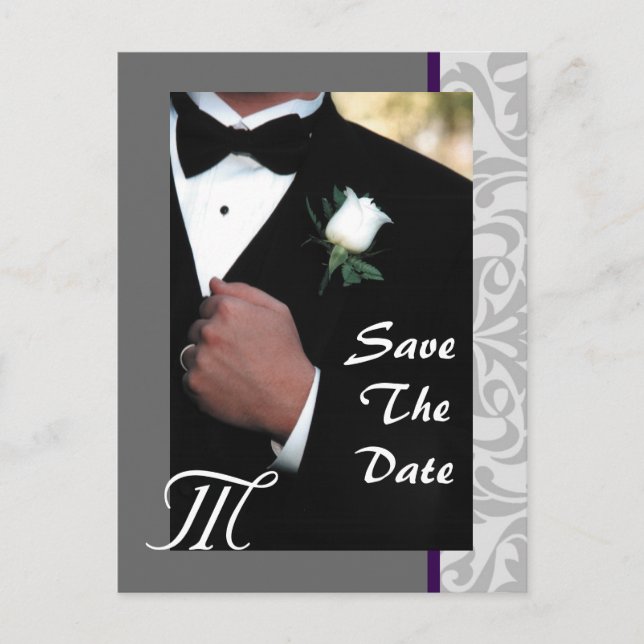 Monogram Tuxedo Groom Save the Date Postkarte (Vorderseite)