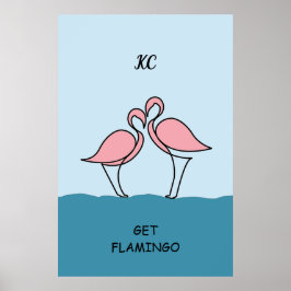 Monogram Two Pink Flamingos on Water Zitat Poster