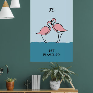 Monogram Two Pink Flamingos on Water Zitat Poster