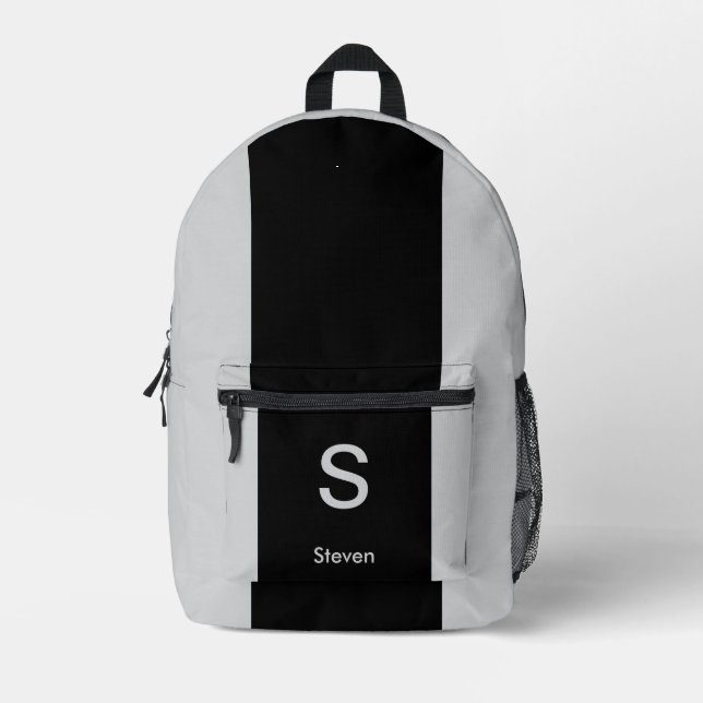 Monogram Two Tone Moderne Schwarz und Grau Bedruckter Rucksack (Vorderseite)