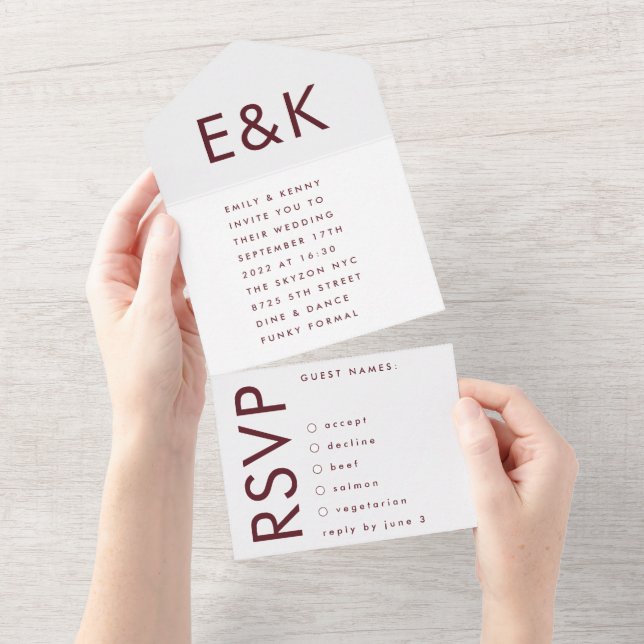 Monogram Ultra Modern Burgundy Maroon Wedding All In One Einladung (Abreißtisch)