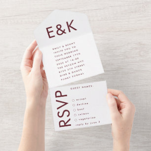 Monogram Ultra Modern Burgundy Maroon Wedding All In One Einladung