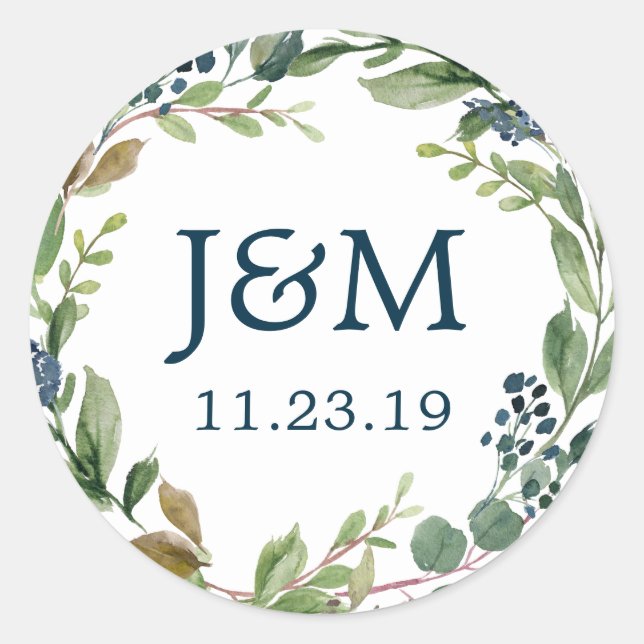 Monogram Umschlag Aufklebers Greenery Navy Runder Aufkleber (Vorderseite)
