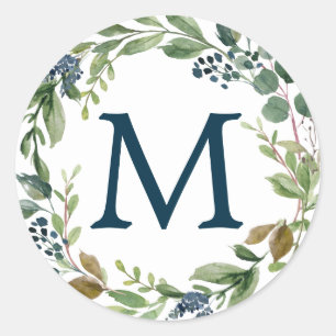 Monogram Umschlag Aufklebers Navy Greenery Runder Aufkleber