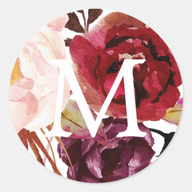 Monogram Umschlag Aufklebers Rustic Marsala Runder Aufkleber (Vorderseite)