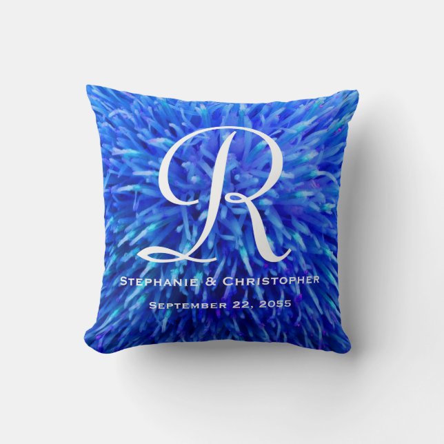 Monogram und Names Blue Abstrakt Floral Square Kissen (Vorderseite)