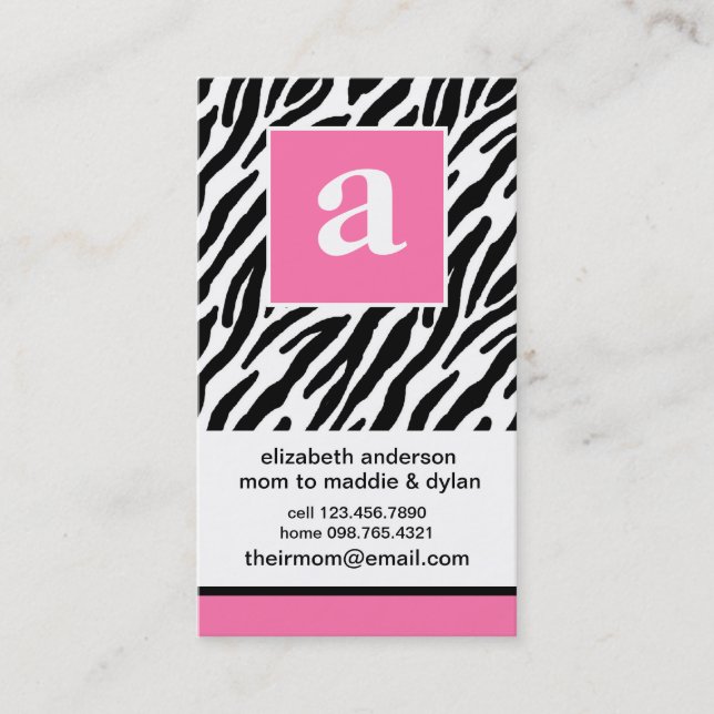 Monogram und Zebra Mommy Calling Cards Telefonnummerkarte (Vorderseite)