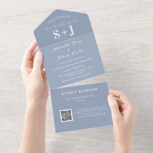 Monogram Unique Dusty Blue QR Code Wedding RSVP All In One Einladung