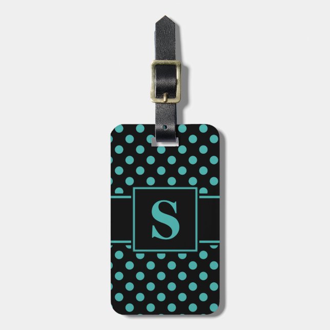 Monogram Verdigris Green auf Black Polka Dot Gepäckanhänger (Vorderseite vertikal)