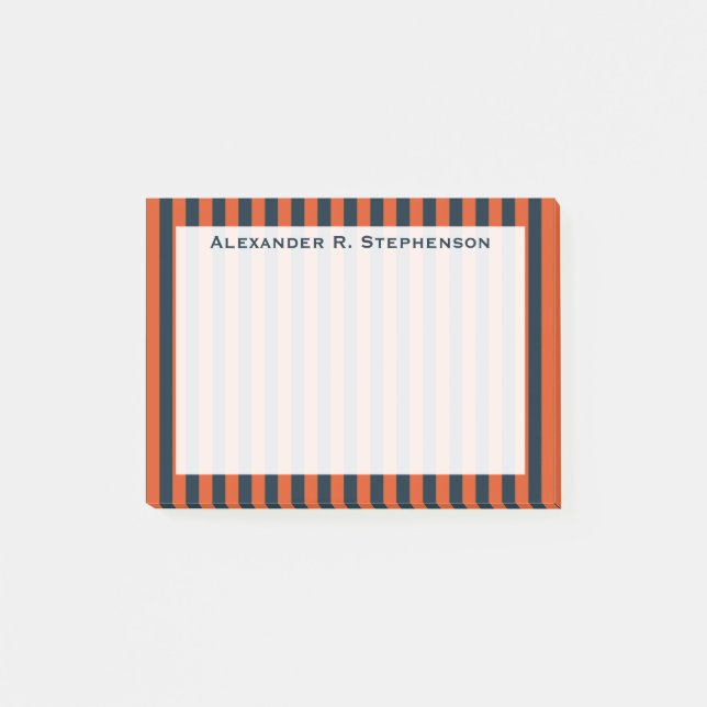 Monogram Vertikales Navy Blue und Orange Strip Post-it Klebezettel (Vorderseite)