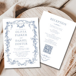 Monogram Victorian Dusty Blue All in One Wedding Einladung