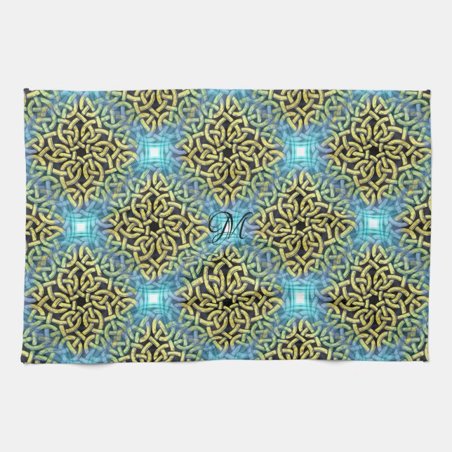 Monogram Viktorianisch Golden Trim Aqua Hintergrun Geschirrtuch (Horizontal)