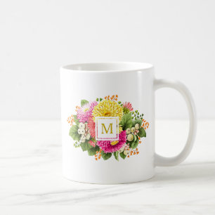 Monogram Vintag Asters Bouquet Pink Gelbe Tasse