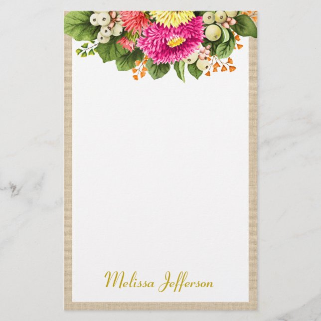 Monogram Vintag Asters Bouquet Pink Stationer Briefpapier (Vorderseite)