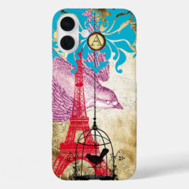 Monogram Vintag Bird Effiel Tower Damask iPhone 16 Plus Hülle